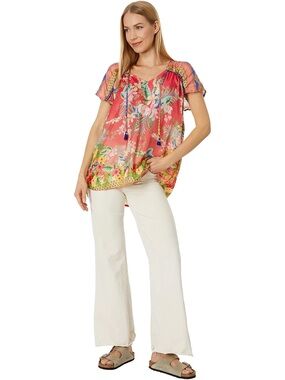 Johnny Was || Rapsodia Arianna Tie Neck Top‎ Silk Floral Tassels Pink XS